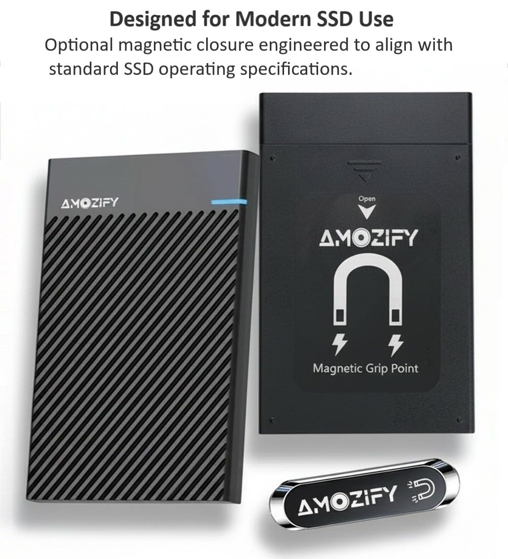 AMOZIFY® Magnetic External SSD Enclosure, Stick-On Laptop 2.5 SATA SSD Case, Tool-Free USB-C 3.1 Gen 2, Hard Drive Enclosure, 6Gbps, UASP for MacBook