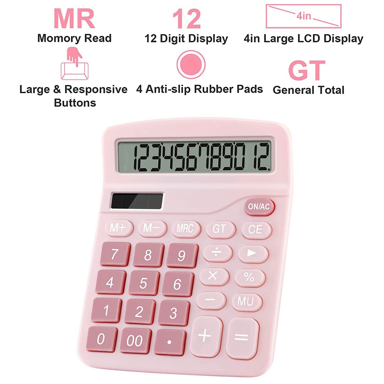 Podokas Office Calculators Desktop, 12-Digit Dual Power Cute Calculator with Large LCD Display Big Button for Office Home and School (Pink)