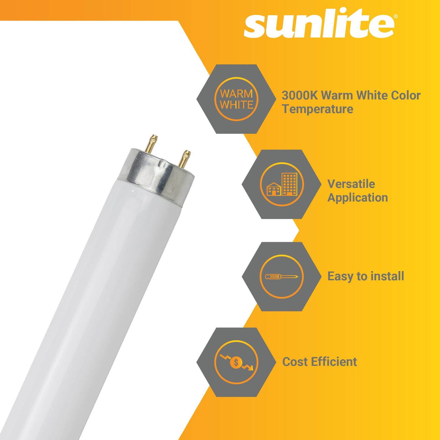 Sunlite F25T8/SP830 3 Foot T8 Linear Fluorescent Lamp, 25 Watts, 2300 Lumens, 3000K Warm White, Medium G13 Bi-Pin Base, High Performance Straight