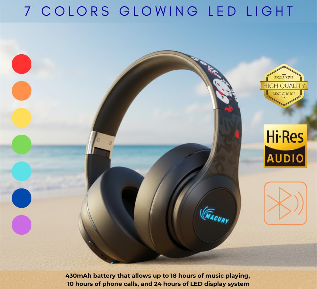Macury Bluetooth Headphone, Over Ear, Foldable, Adjustable. Glowing Led Light, Noise Cancelling, HiFi Sound Quality (Black)