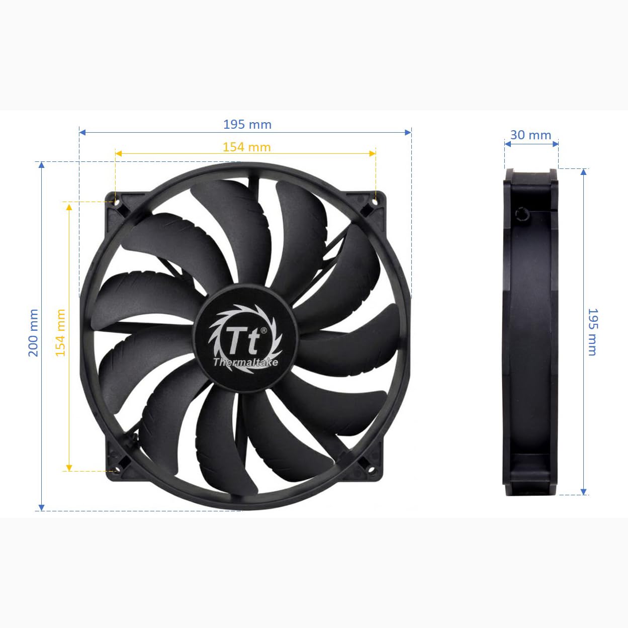 Thermaltake 200mm Pure 20 Series Black 200x30mm Thick Quiet High Airflow Case Fan with Anti-Vibration Mounting System Cooling CL-F015-PL20BL-A