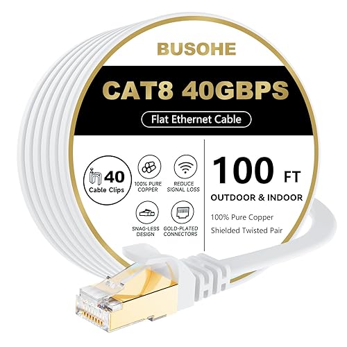 BUSOHE Cat 8 Ethernet Cable 100 FT, 40Gbps 2000Mhz High Speed Flat Cat8 Cable Patch Cord with Gold-Plated RJ45 Connector, LAN Network Internet Cable
