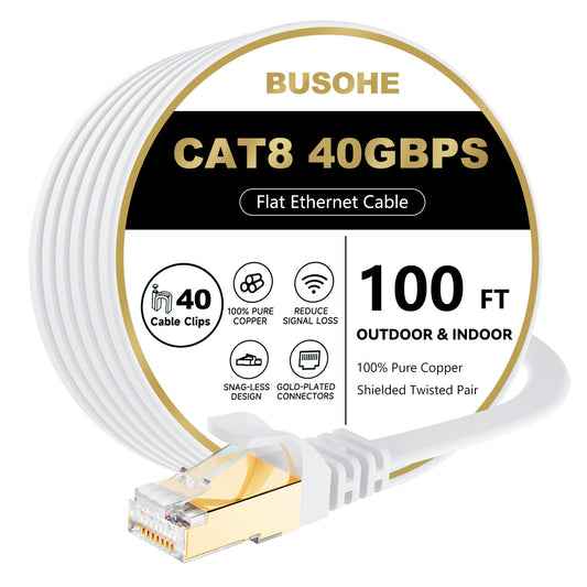 BUSOHE Cat 8 Ethernet Cable 100 FT, 40Gbps 2000Mhz High Speed Flat Cat8 Cable Patch Cord with Gold-Plated RJ45 Connector, LAN Network Internet Cable