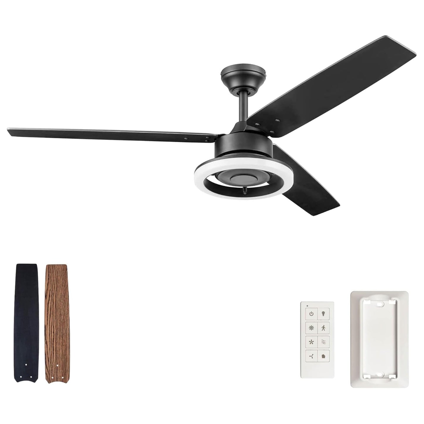 Prominence Home Orbis 52 Inch Modern Indoor Ceiling Fan with LED Light, Remote Control, Reversible Motor, 3 Dual Finish Blades, Matte Black