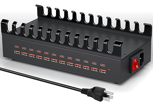 300W USB Charging Station for Multiple Devices, 24 Port USB C Fast Charging Station, Multi Device Charger Station Organizer Compatible with Tablet