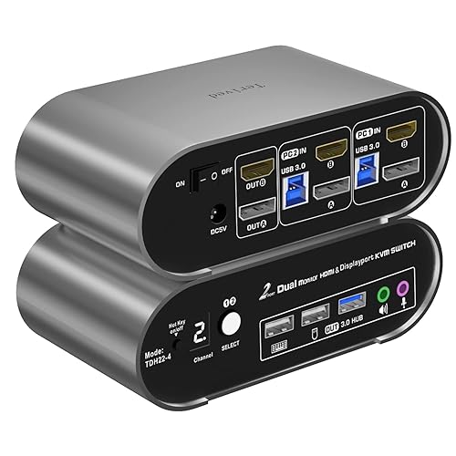 Terived HDMI(4K144Hz)&DP(4K60Hz) Monitor KVM Switch 4K60Hz, Audio Microphone hotkey with Cables