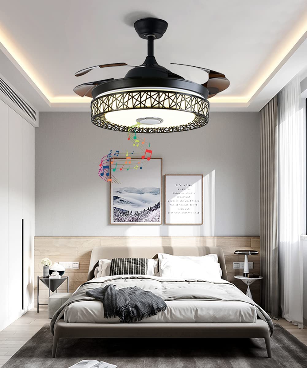 Fandian 42'' Modern Smart Bluetooth Ceiling Fan with Lights Remote Control Fandelier, Retractable Black Nest Ceiling Chandelier Fixtures 7 Dimmable
