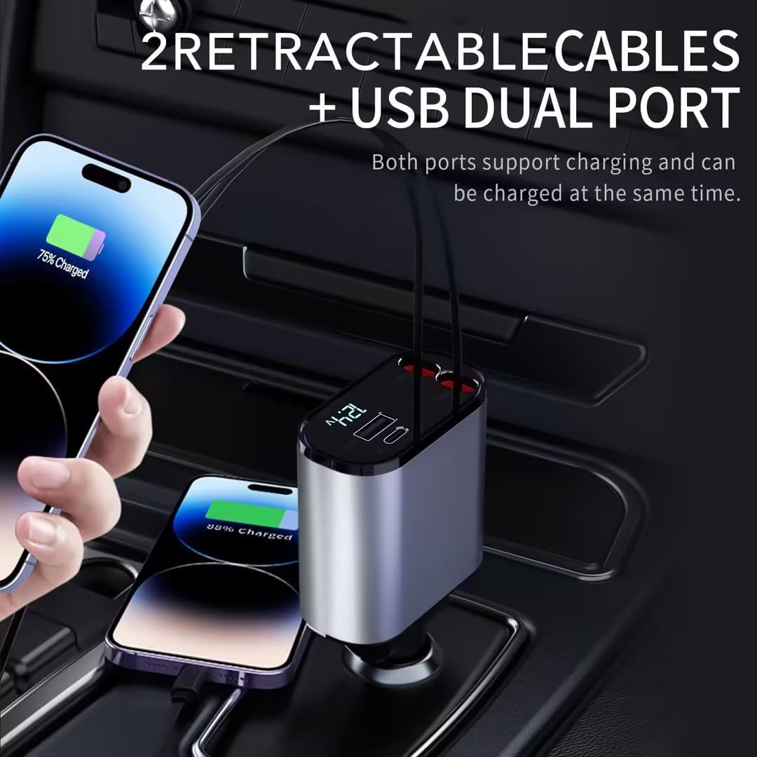 Retractable Car Charger, 4 in 1 Fast Charging 69W, Cigarette Lighter Adapter 2 Retractable iPhone Cables and USB Car Charger,Compatible with iPhone