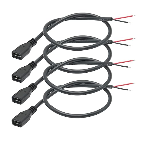 Short Micro USB Female 2 Pin Bare Wire,30cm/11.8in Micro USB to Open End Pigtail Power Cable Easy Soldering,Micro USB 22AWG 3A for Micro USB Equipment