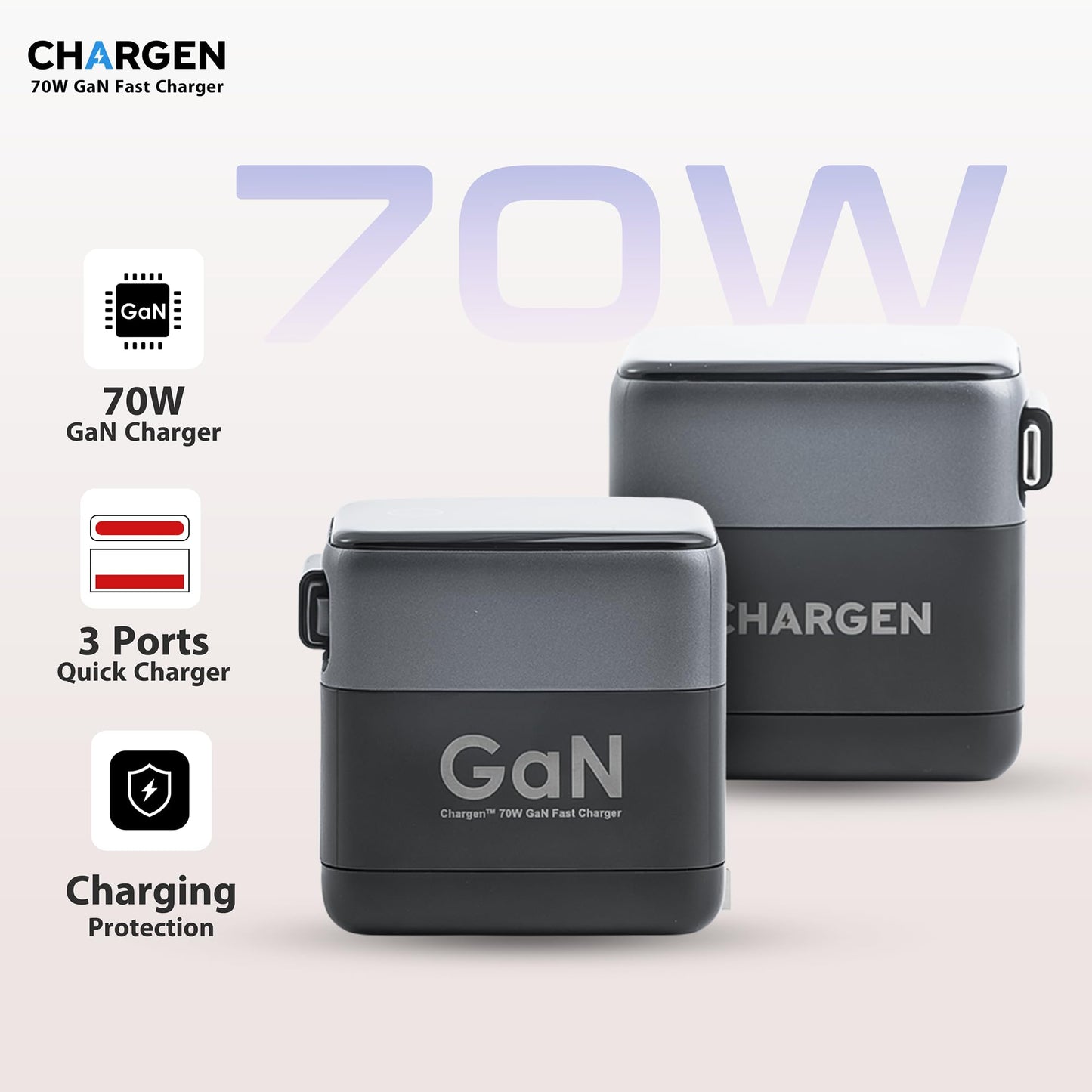 CHARGEN 70W GaN Fast Charger with Retractable Cable, 3-Port USB-C and USB-A Wall Charger, Compact Black Design, Model PD-138