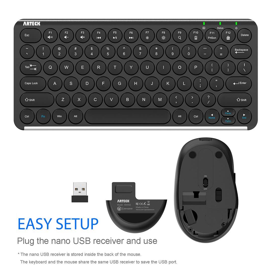 Arteck 2.4G Wireless Keyboard and Mouse Combo Ultra Compact Slim Stainless Full Size Keyboard and Ergonomic Mouse for Computer/Desktop/PC/Laptop
