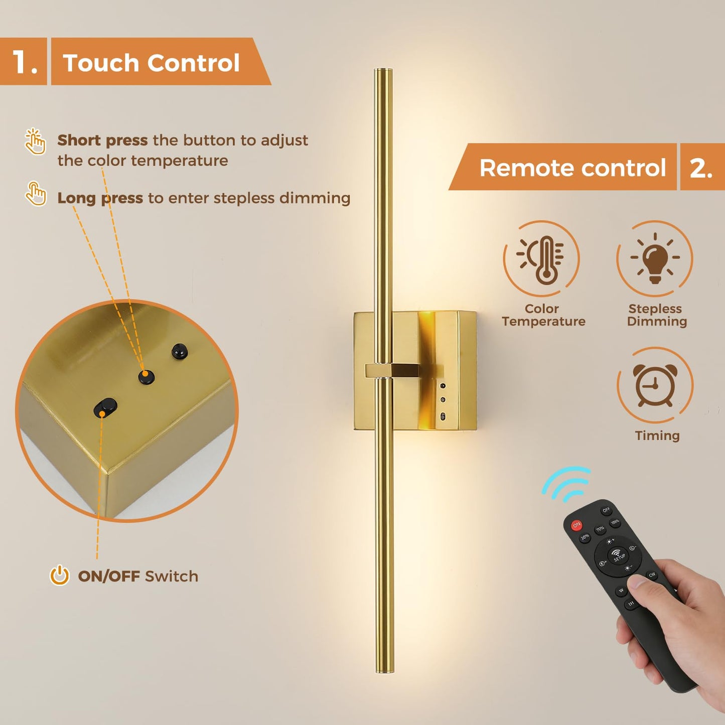 JUSHENG 5000mAh Battery Operated Wall Sconce, 3000K/4000K/6000K Dimmable Brass Cordless Rechargeable Wall Sconces Set of Two with Timer Function