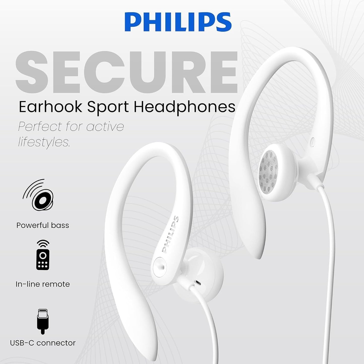Philips USB-C Wired Earbuds with Microphone & in-Line Control, Over Ear Earhook, Compatible with iPhone 15 & 16, Samsung, Android Type-C Phones