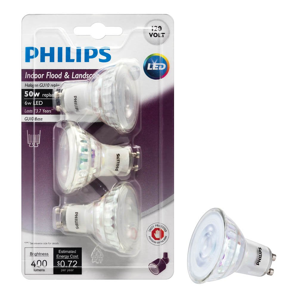 Philips 465054 LED GU10 Dimmable 35-Degree Flood Light Bulb: 400-Lumen, 3000-Kelvin, 6-Watt (50-Watt Equivalent), 3-Pack