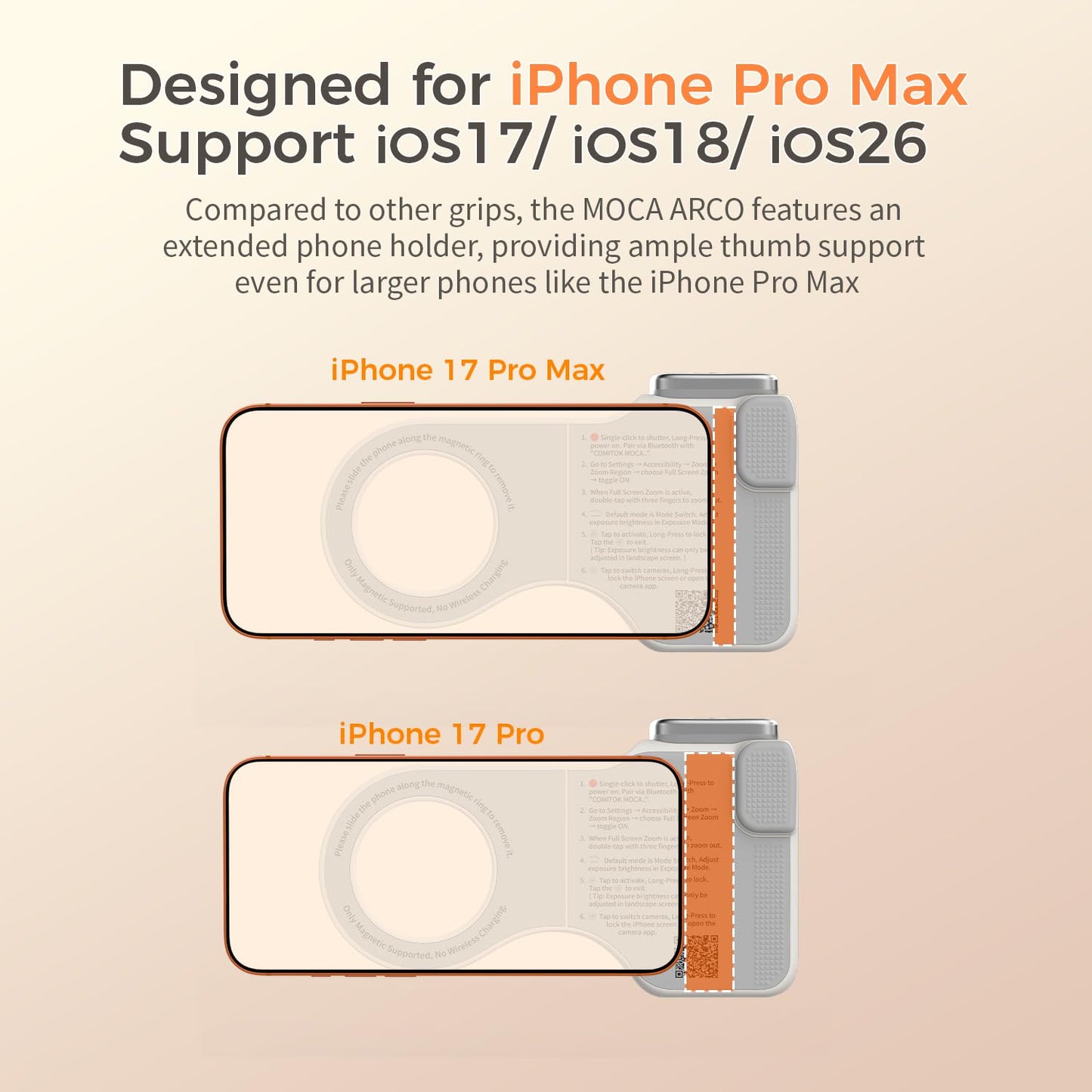 COMITOK Phone Camera Grip MOCA ARCO for Video Recording with Thumb Rest Area Design for iPhone Pro Max, with Enhanced Phone Mount & Detachable Remote