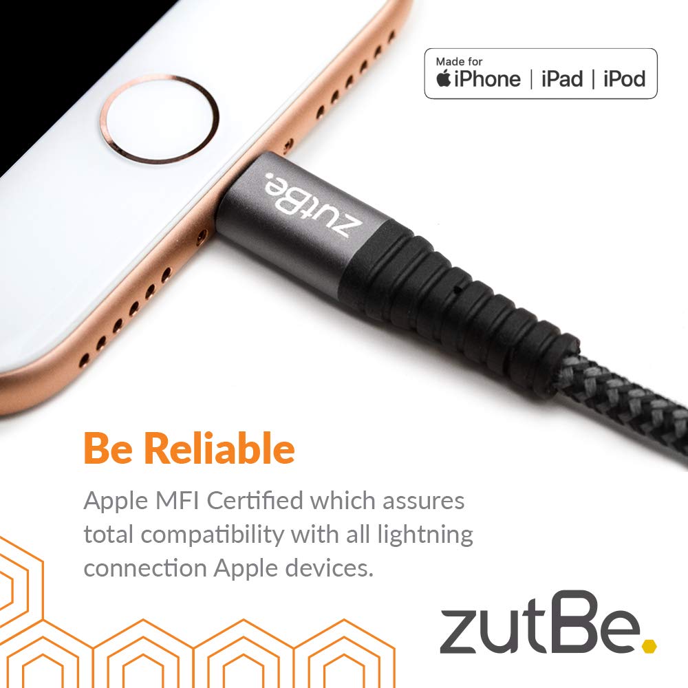 zutBe Shield Silver&Black MFi Certified Lightning Cable, Reinforced Braided Kevlar Charger Compatible with All iPhone 12, SE, 11, X, 8, 7, 6, iPad…