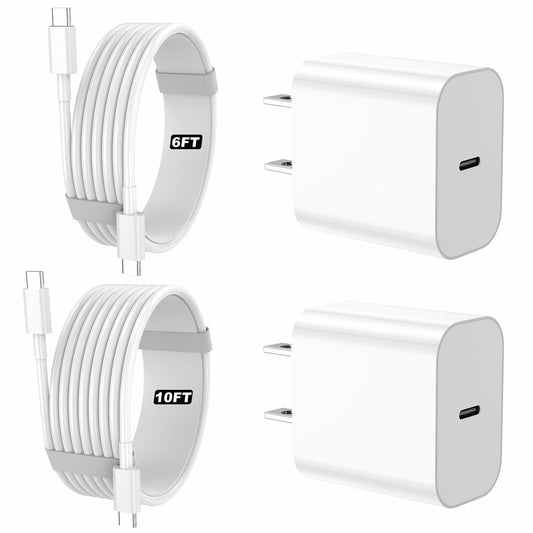 iPhone Charger, 2 Pack PD 20W Adapter Wall Fast Charger with 6&10ft White USB C Cable Compatible with iPhone17 16/15/iPad