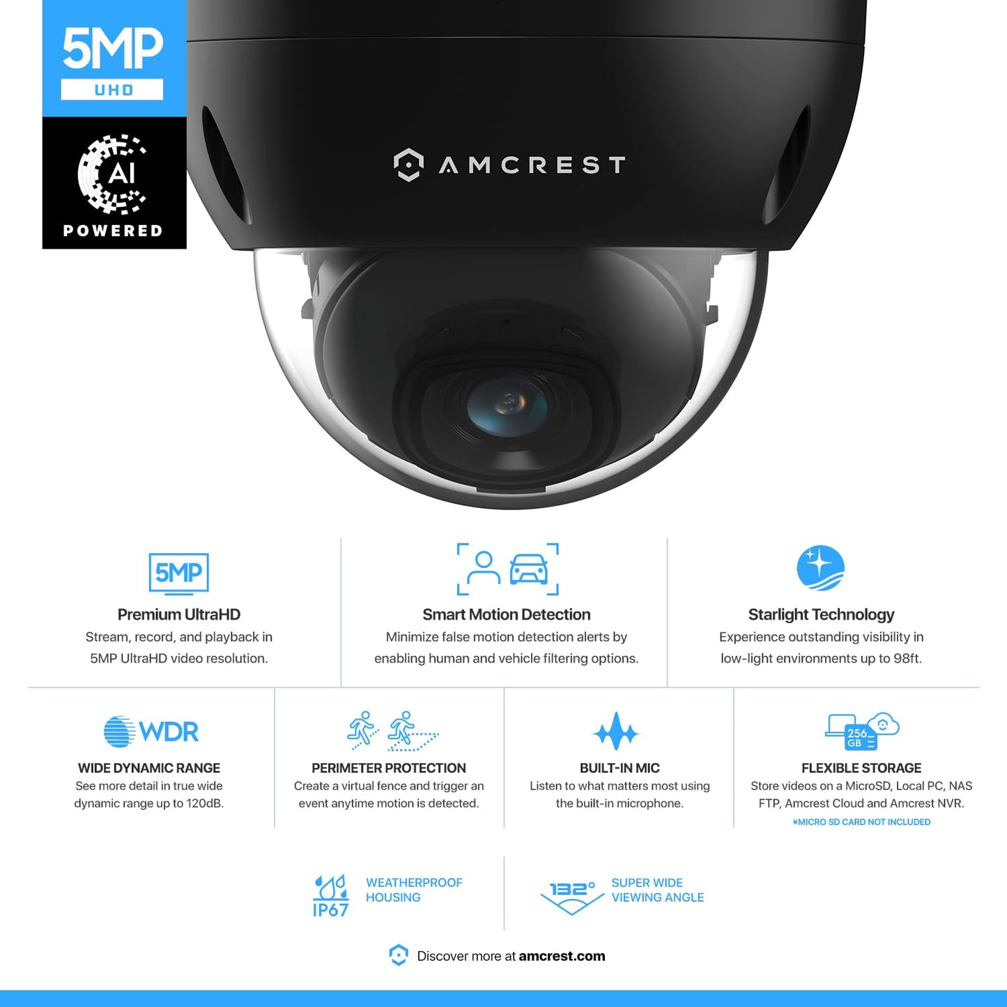 Amcrest 5MP POE Camera, Outdoor Vandal Dome Security POE IP Camera, 5-Megapixel, 98ft NightVision, 2.8mm Lens, IP67, IK10 Resistance, MicroSD 256GB
