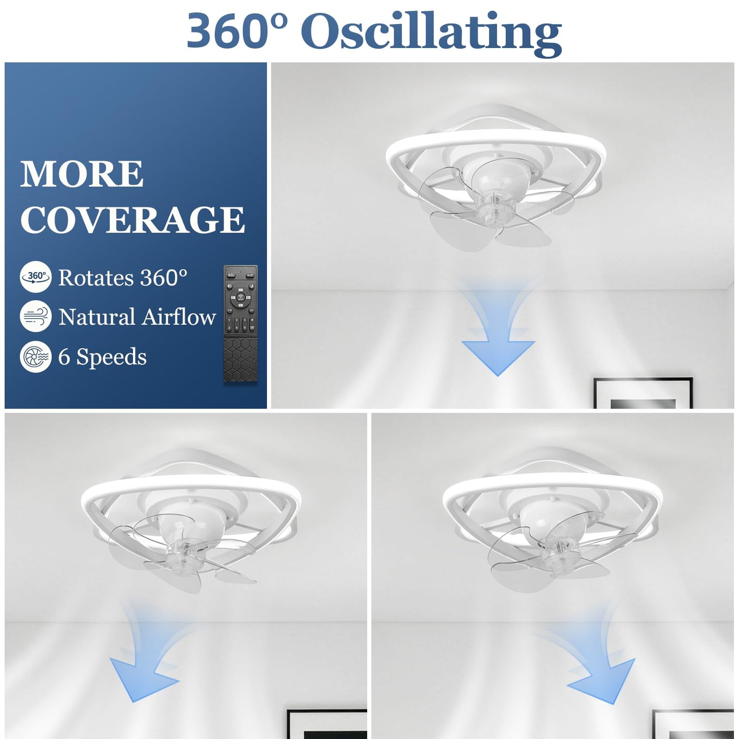 Zoruny 13" Small Ceiling Fan with Light, 360° Rotatable, Remote White 02