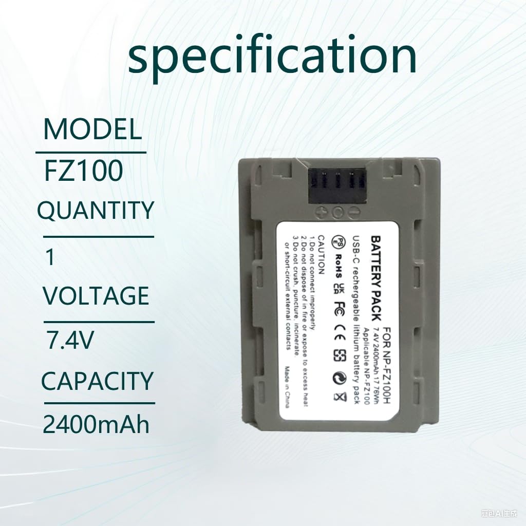 Focruzom NP-FZ100 2400mAh Replacement Battery for A7R V A7S III A7 IV, USB C Charging Cable, Compatible with ZV-E1, FX3, FX30, A1, A9,A9 II, A6600