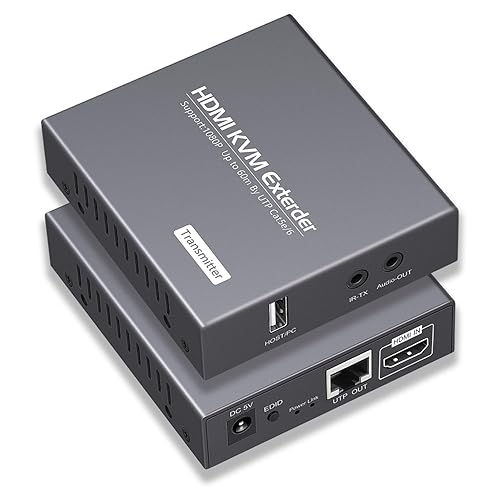 HDMI KVM Extender Over Cat5e/6 1080P Transmits Up to 196ft/60m, with 2 USB Ports Supports Mouse and Keyboard Remote Control, Feature Audio Extractor