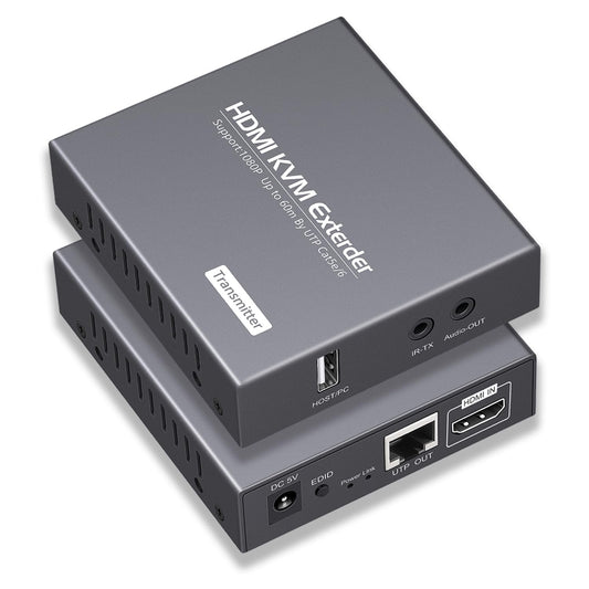 HDMI KVM Extender Over Cat5e/6 1080P Transmits Up to 196ft/60m, with 2 USB Ports Supports Mouse and Keyboard Remote Control, Feature Audio Extractor