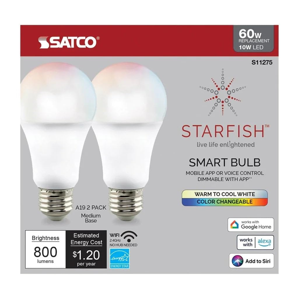 Satco S11275 Starfish A19 WiFi Smart LED Color-Changing Light Bulb, Works with Siri, Alexa, Google Assistant, SmartThings, 2700K-5000K, 2-Pack