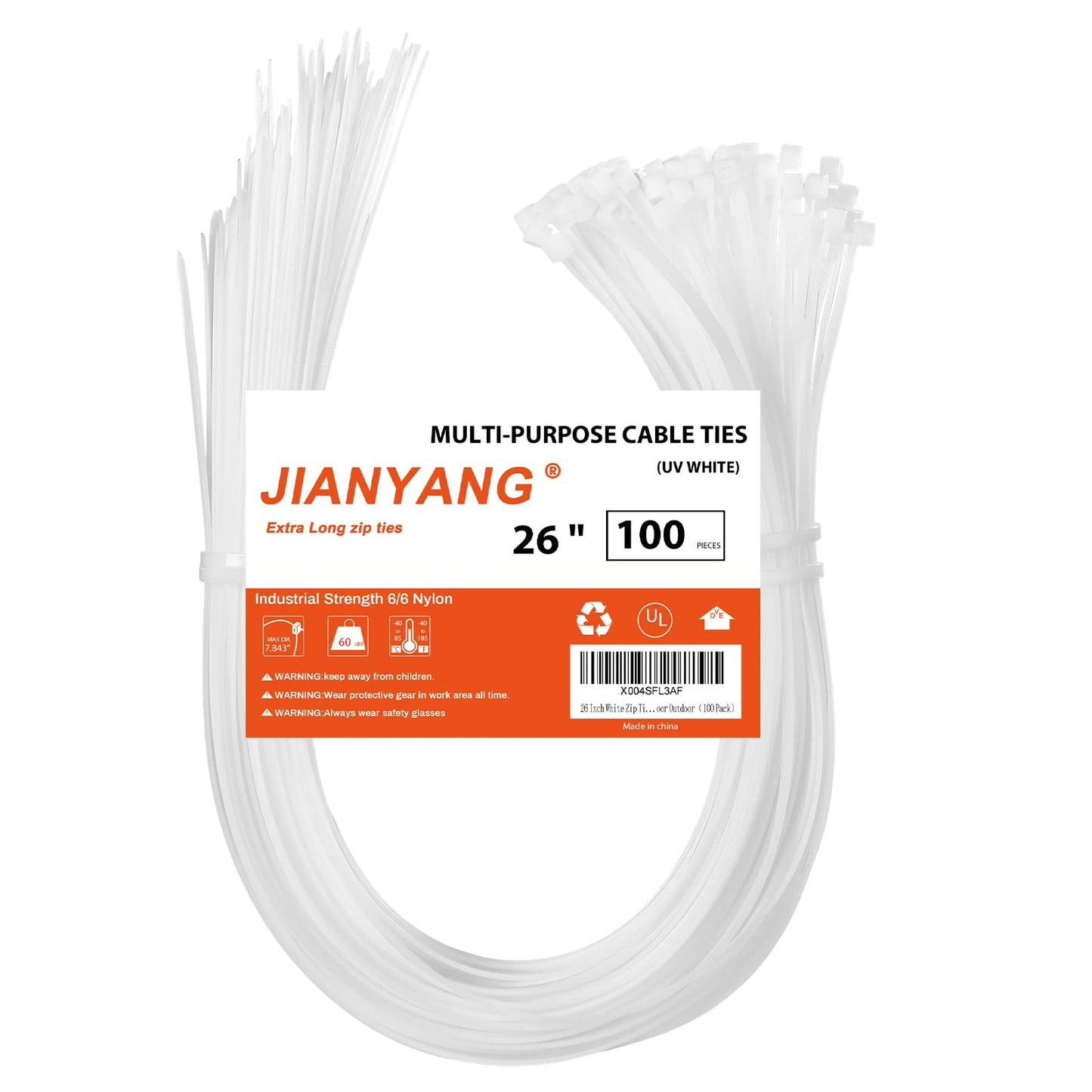 26 Inch White Long Zip Ties,60 LBS Tensile Strength Heavy Duty Large Cable Wire Ties With Self-Locking Adjustable More Durable Nylon Tie Wraps