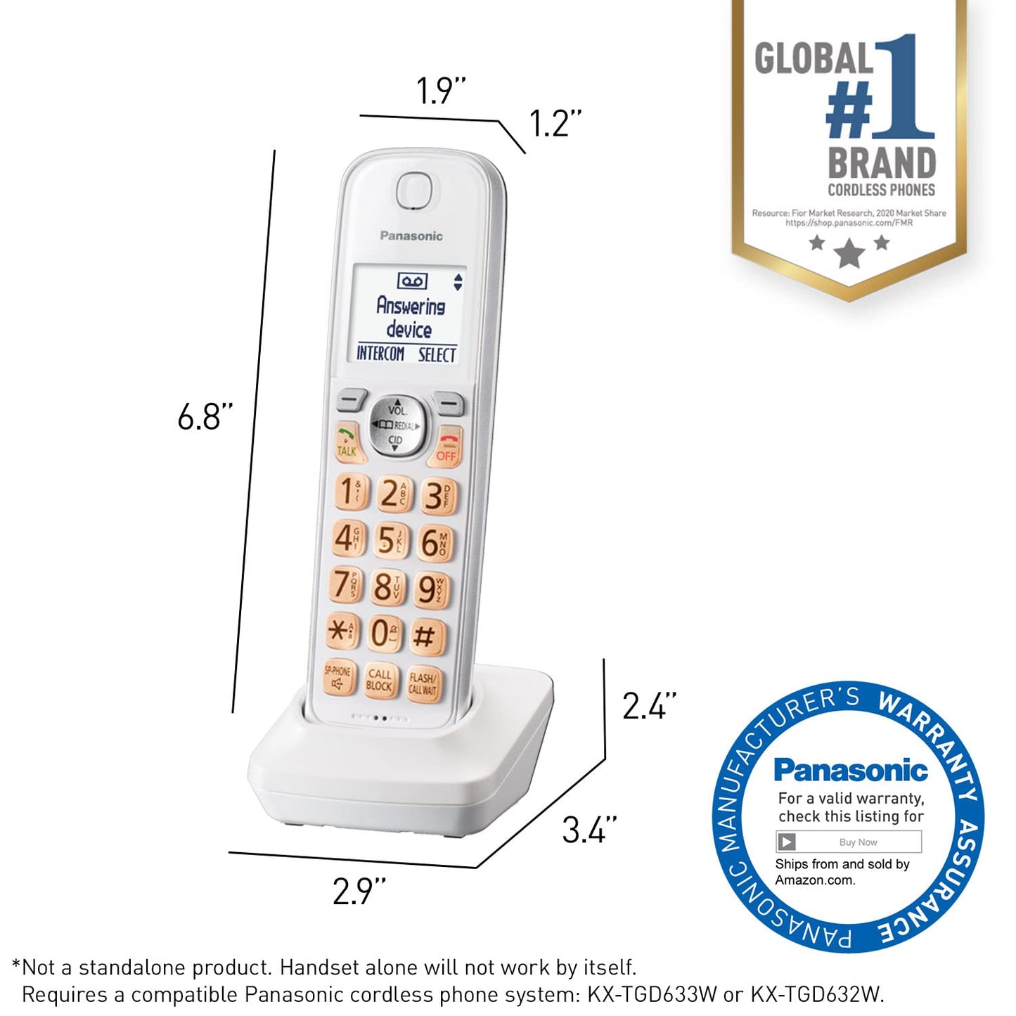 Panasonic Additional Cordless Phone Handset for use with KX-TGD63x Series Cordless Phone Systems - KX-TGDA63W (White/Silver)