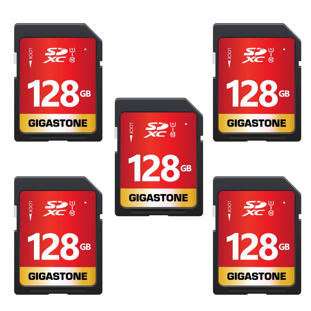 GIGASTONE 128GB SD Card 5-Pack UHS-I U1 Class 10 SDXC Memory Card Full HD Video for Canon Digital Camera, Full-Sized SD Card, with 5 mini case