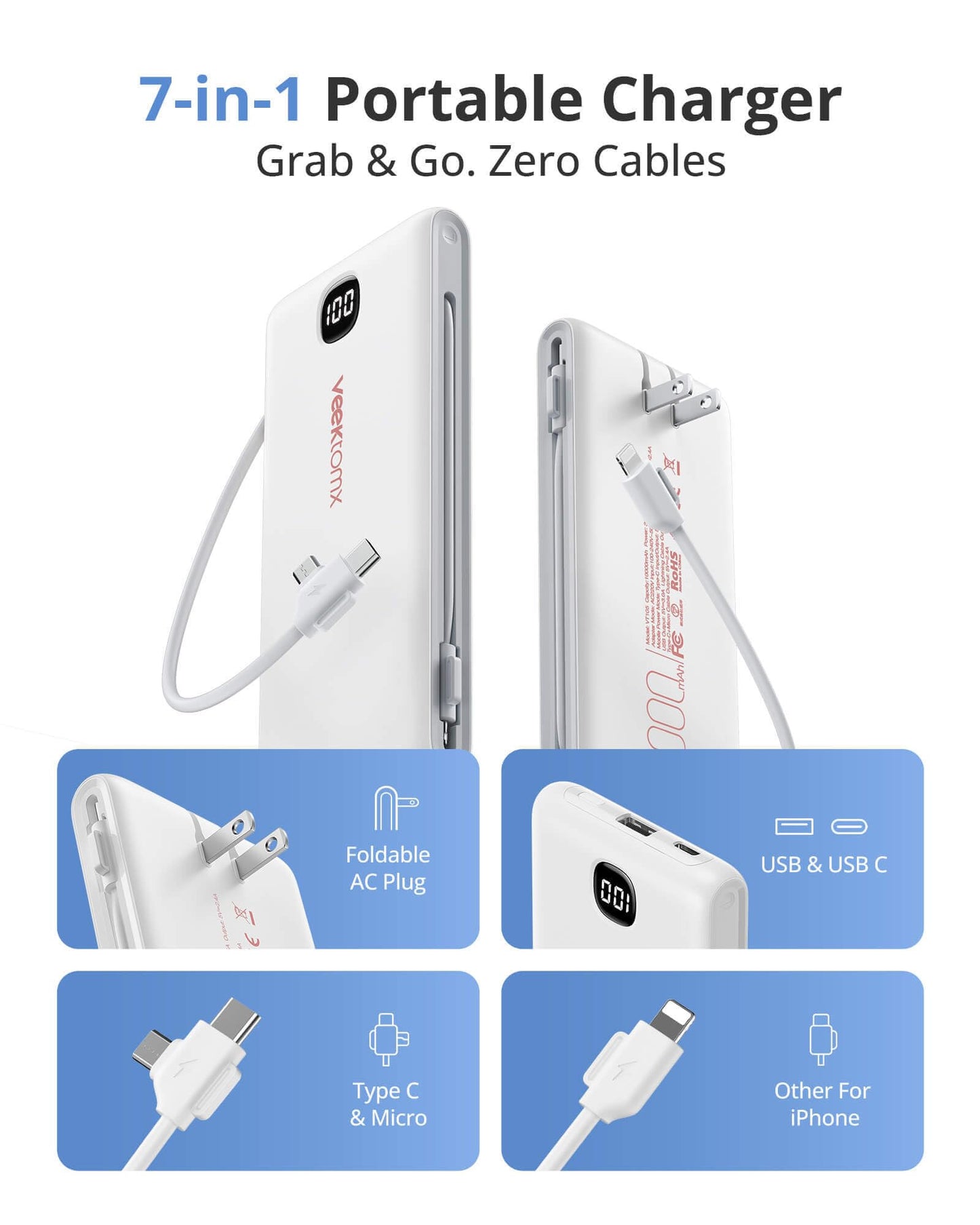 VEEKTOMX Portable Charger with Built in Cables 10000mAh, Power Bank for iPhone with Wall Plug, Travel Essential Fast Charging Slim USB C External