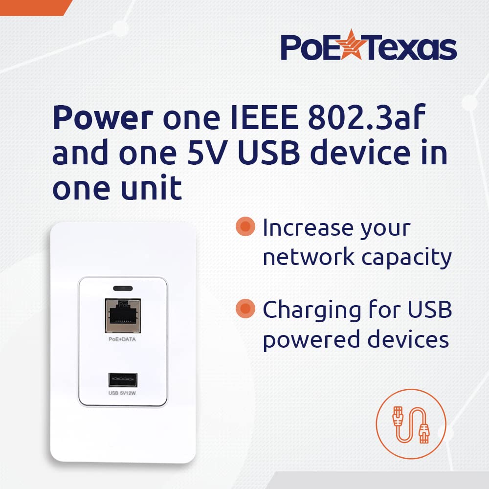 PoE Texas Gigabit PoE Splitter in-Wall USB Charging Port - Fast 5V USB Charging and RJ45 Power Over Ethernet Output for WiFi Internet Router, Camera