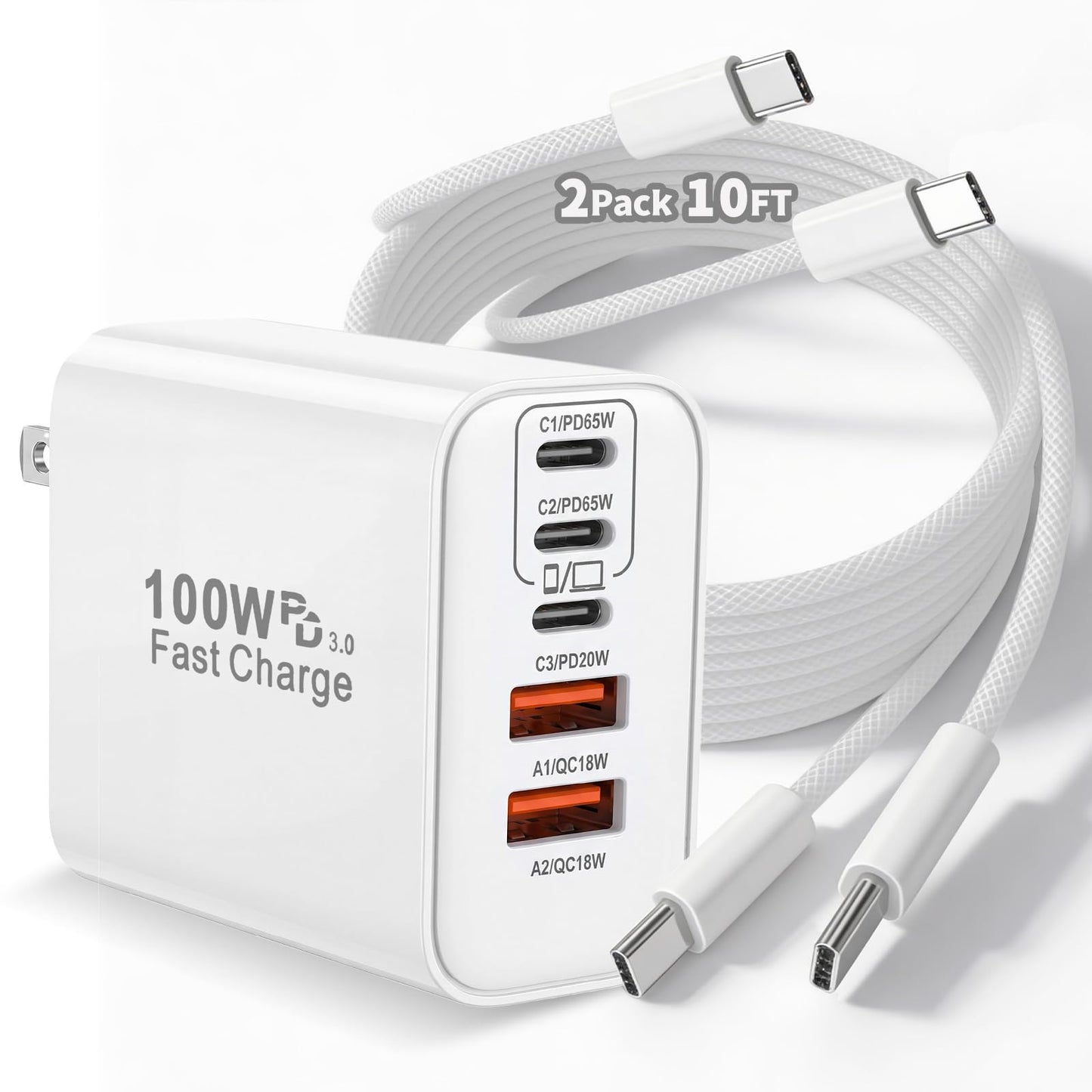 100W High Speed USB-C Fast Charging Charger Kit, 2 Pack 6.6 Foot Durable Woven Type C Cable with 5-Port Multi Port Wall Charger Block Compatible
