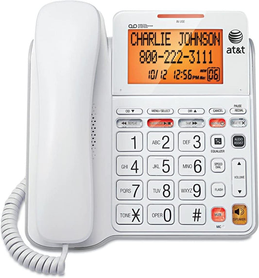 AT&T CL4940 Corded Answering System with Backlit Display, White, Display Dial, Mute, Last Number Redial, Flash, Clearspeak Dial-in-Base Speakerphone