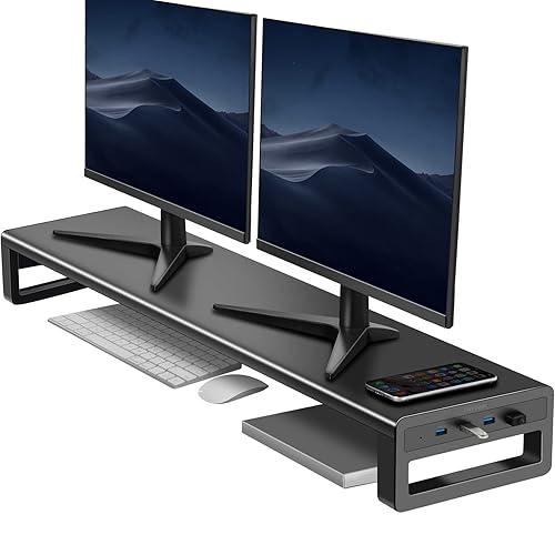 Vaydeer Dual Monitor Stand Computer Riser with USB 3.0 Hub Ports, Double Metal Stand for 2 Computer, TV, PC, Printer, Multi Media Speaker