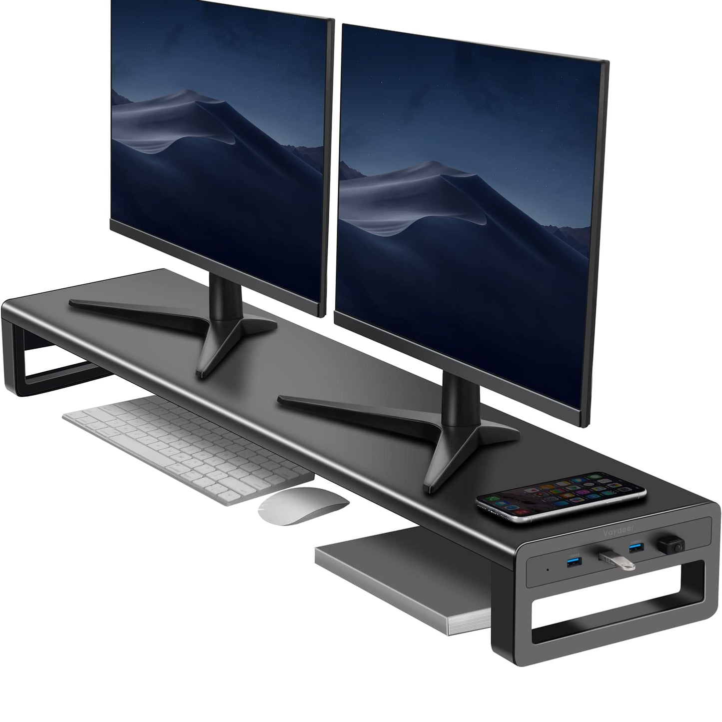 Vaydeer Dual Monitor Stand Computer Riser with USB 3.0 Hub Ports, Double Metal Stand for 2 Computer, TV, PC, Printer, Multi Media Speaker