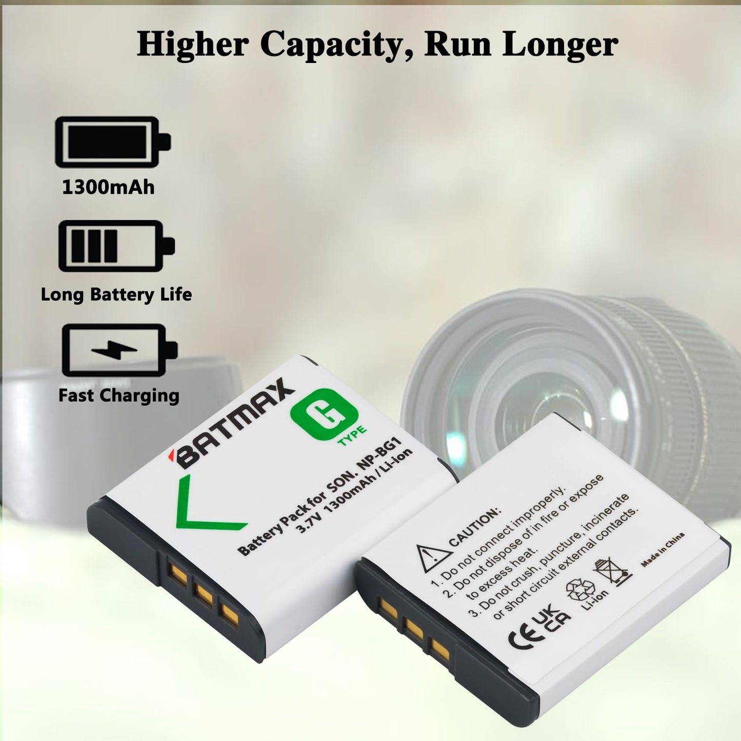 Batmax 2pcs NP-BG1 Battery + LED USB Dual Charger with Type C Port for Sony NP-BG1 SONY DSC-H3 DSC-H7 DSC-H9 DSC-H10 DSC-H20 DSC-H50 DSC-H55 DSC-H70