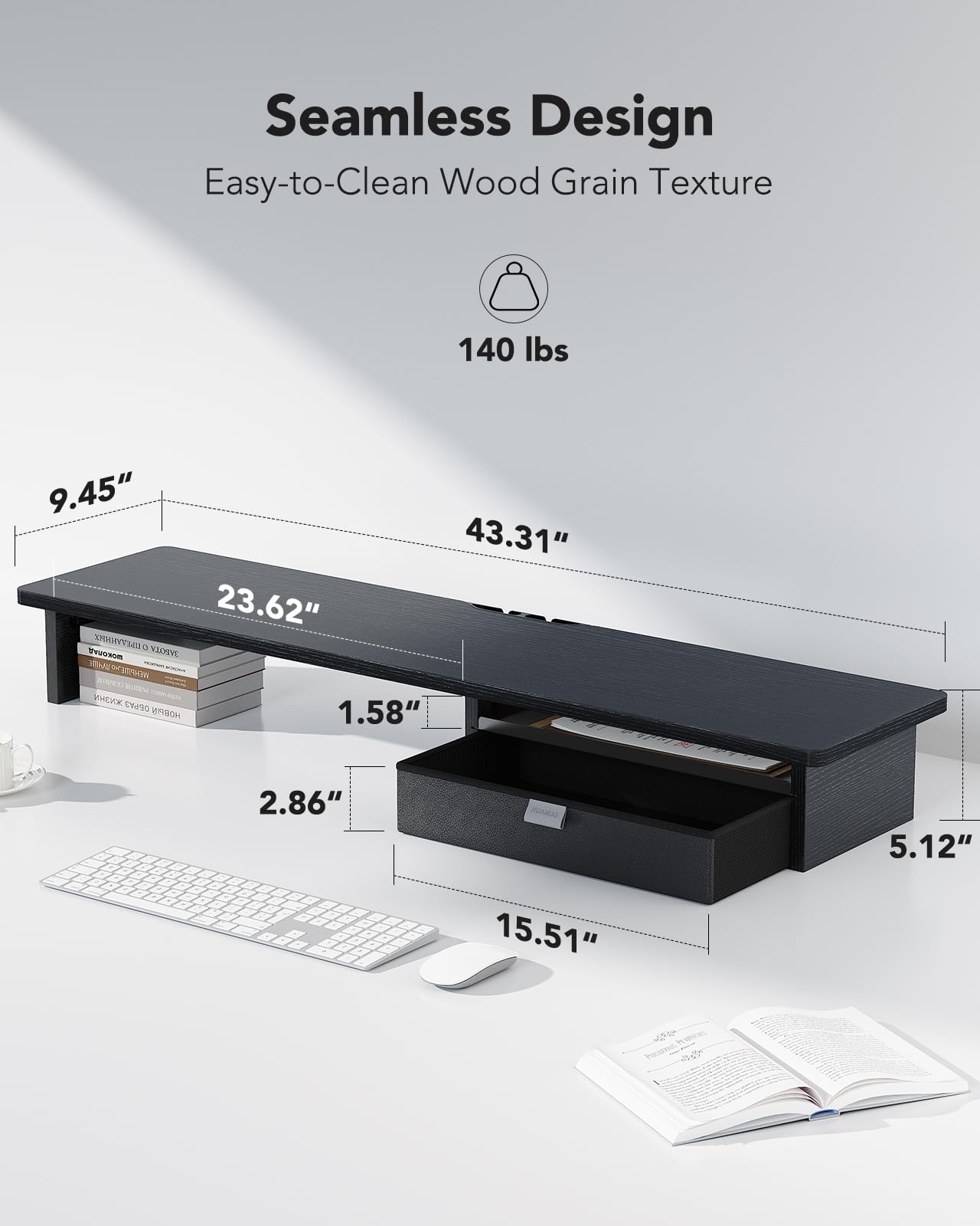 HUANUO Large Dual Monitor Stand with Drawer, Wood Monitor Stand Riser for 2 Monitors with Storage & Cable Management, Desktop Organizer up to 55" fit