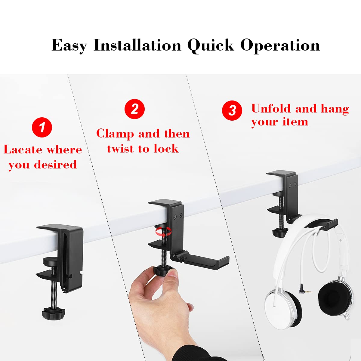 NCHONHONG Headphone Holder Under Desk Hook with Cable Organizer, Foldable Aluminum Headset Mount, Space-Saving Hanger for Most Headphones