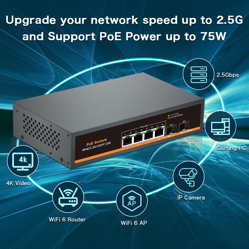 Davuaz 2.5G Unmanaged PoE Switch with 4 x 2.5G Base-T Ports and 2 x 10G SFP Uplink Port, Compatible with 100/1000/2500Mbps, Fanlesss Design, Plug