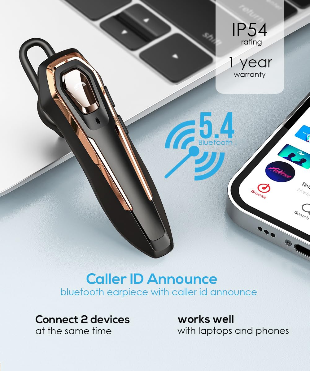 BEVCEFCC Bluetooth Headset, 36H Talk Time Single Ear Earpiece with Crystal Clear HD Voice, Dual Mic ENC Noise Canceling, Ergonomic Comfort Fit