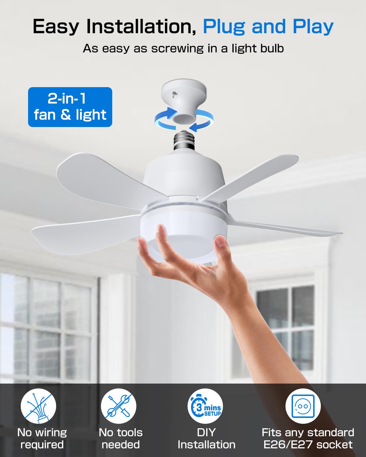 Eonini Socket Fan Light with Remote, 16" Ultra-Quiet 5-Blade Small Ceiling Fan with Light, 1000LM 3-Color Dimmable LED, 3 Speeds & 5 Brightness