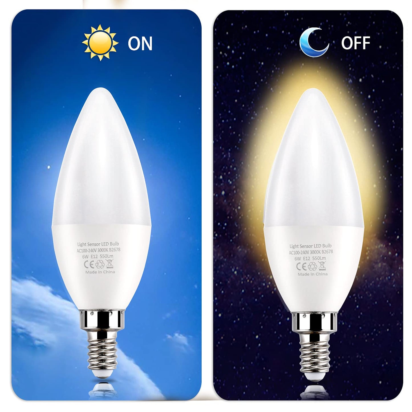 Dusk to Dawn Light Bulbs E12 Light Sensor Bulb 3000K Equivalent 60W E12 LED Candelabra Bulb,Auto On and Off for Home,Outdoor,Yard Light,Warm White (4
