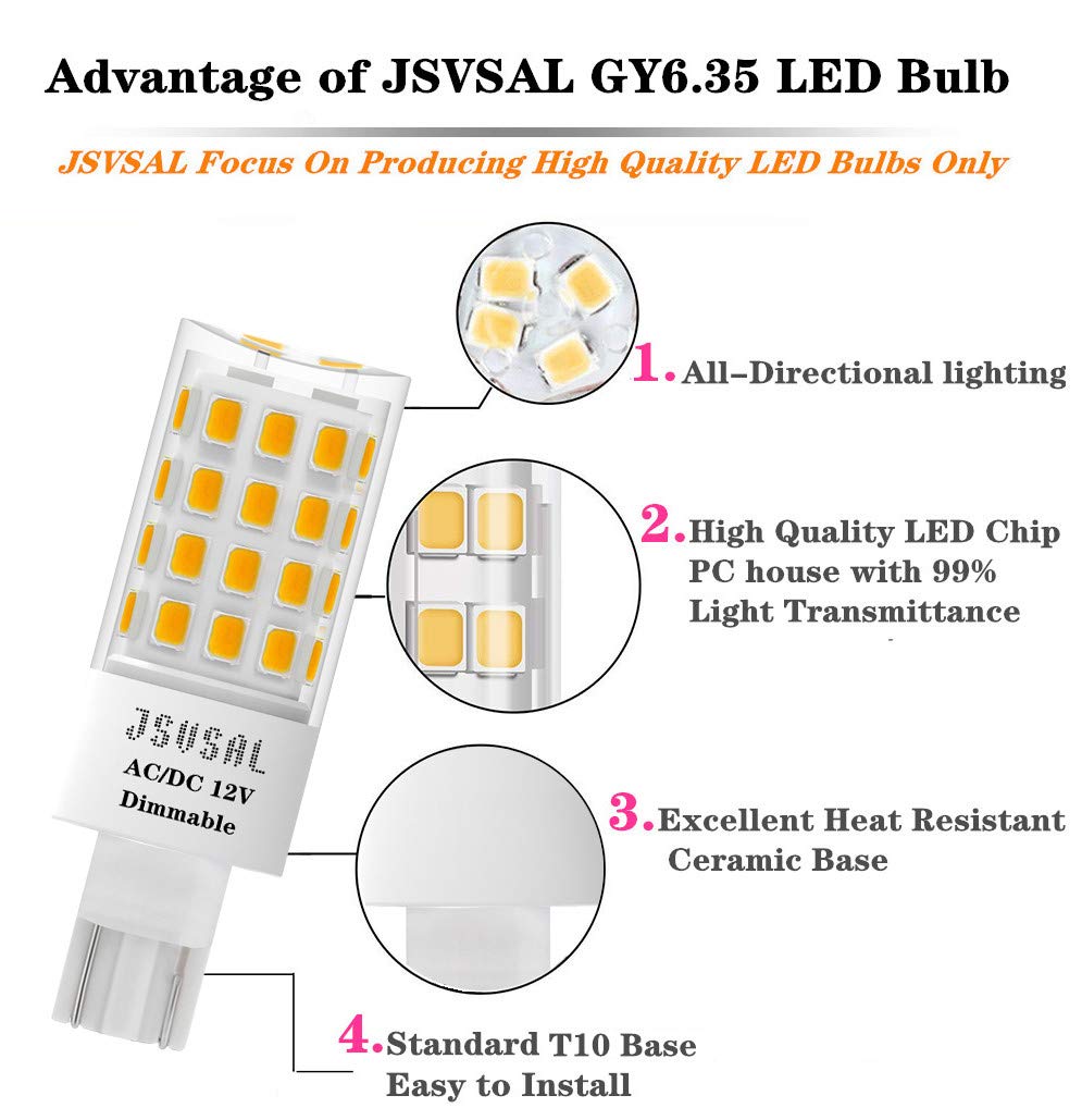 JSVSAL T5 T10 Wedge Base LED Light Bulb,Dimmable, 6W 650lm,5000K Daylight White,12V AC/DC for Outdoor Landscape Lighting Deck Stair Step Path Lights