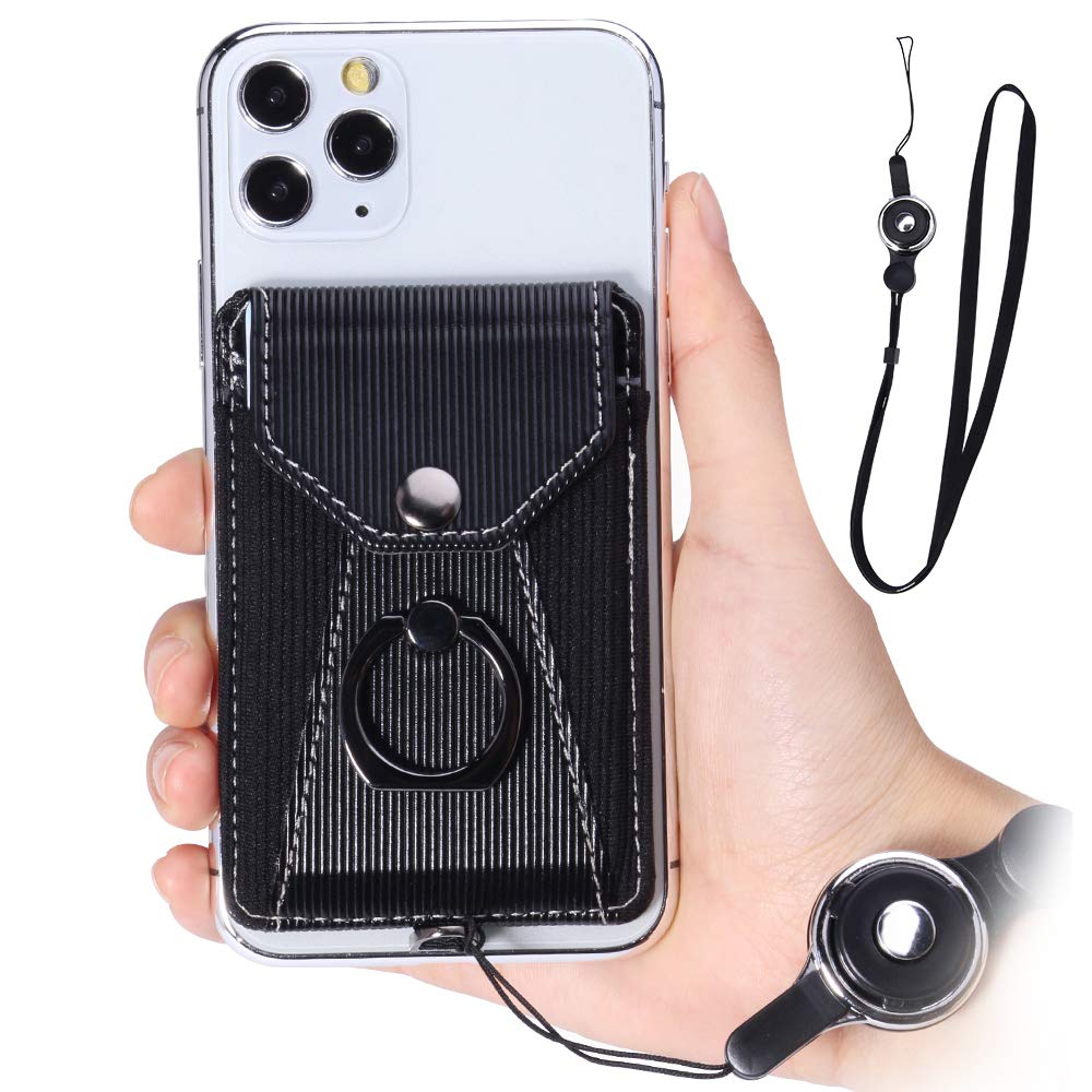 YUNCE Cell Phone Card Holder,Card Holder for Back of Cell Phone with Ring Grip Stand,Adhesive Stick-on Credit Card Wallet Pocket with Detachable Neck