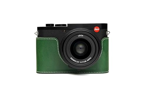Leica Q2 Camera Case, BolinUS Handmade Genuine Real Leather Half Camera Case Bag Cover for Leica Q2 Camera Bottom Opening Version + Hand Strap (Green)