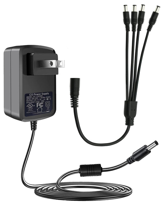 Lonnky DC 12V 2A Security Camera Power Adapter Combine with 1 to 4 Power Splitter for CCTV Security Camera System, UL/FCC Certificate for North