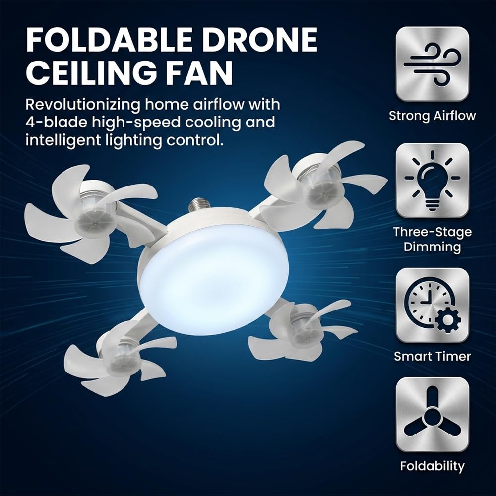 Vorlux E27 Socket Fan Light with Remote: Screw in Ceiling Fan with LED Dimmable Bulb, Color Temperatures & 3-Speed Quiet Fan for Bedroom, Kitchen