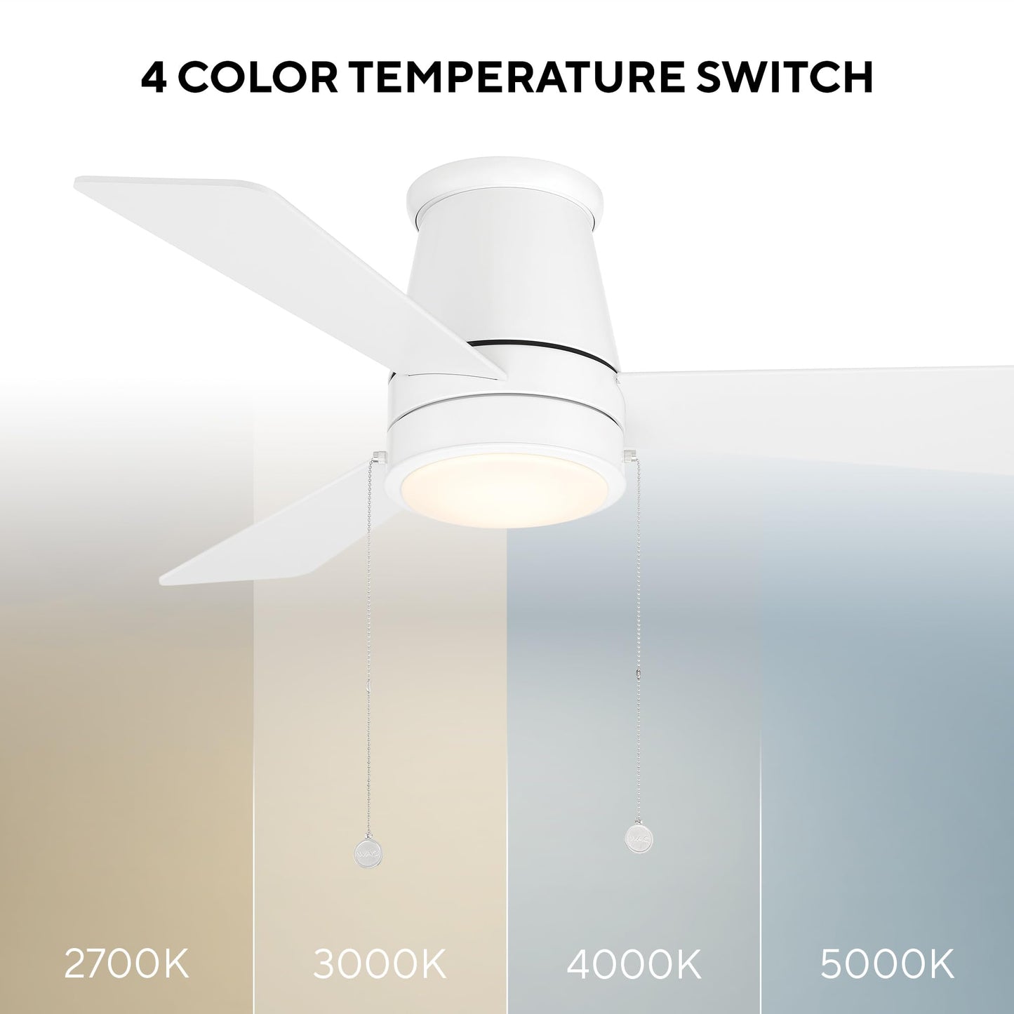 WAC Lighting Hug Indoor or Outdoor 3-Blade 42in Pull Chain Flush Mount Ceiling Fan in Matte White with Adjustable CCT 2700-3000-4000-5000K Dimmable