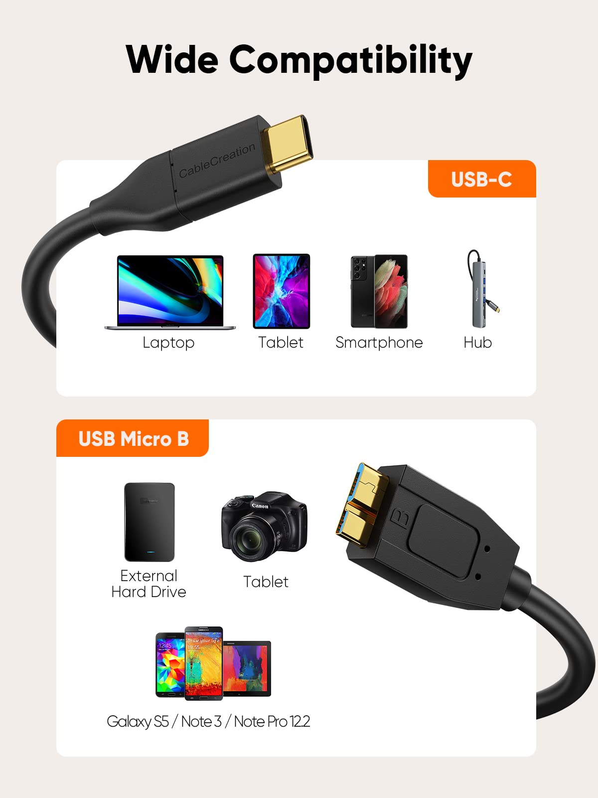 CableCreation USB C to Micro B Short Cable 1FT, 10G Micro B to USB C External Hard Drive Cable for iPhone 15/16/17,Samsung Galaxy S24,Seagate WD